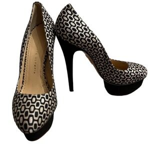 Charlotte Olympia Dolly Geometric Platform Pumps Black Cream Silk Suede Heels 37